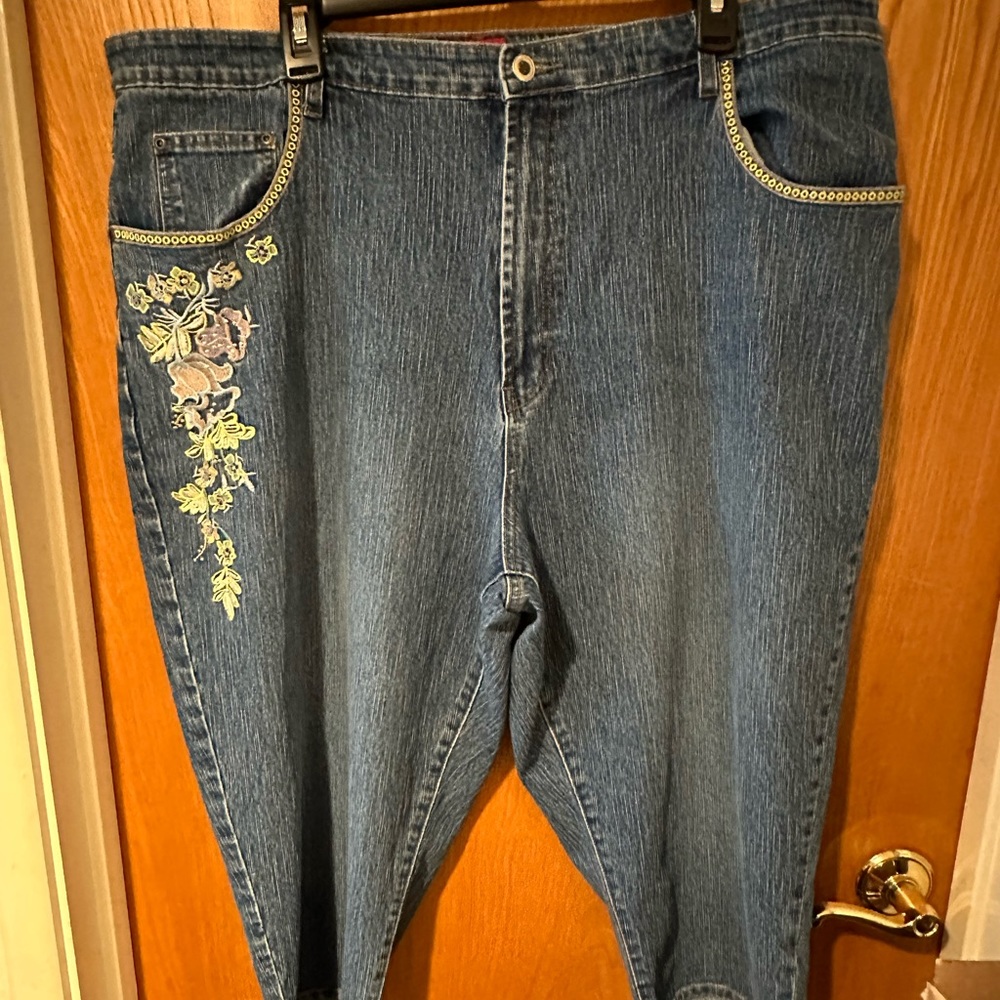 Embroidered Ankle Denim Jeans - Blue